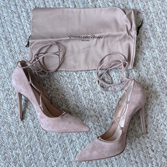 Gianvito Rossi Suede Heels Pointed-Toe Pumps Natural Light Pink Stilettos - Picture 8 of 13